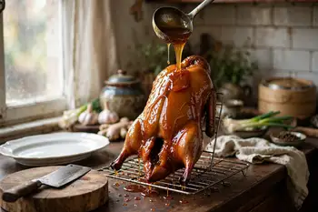 Stir the maltose, wine and vinegar into 2 cups of hot water. Ladle it over the duck until evenly glazed and burnished.