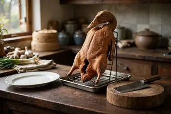 Hang the duck or set it upright on a rack over a tray in the fridge, uncovered, overnight and up to 24 hours, until the skin feels dry and papery.