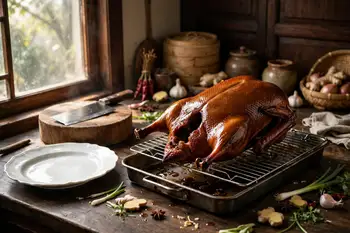 Turn the oven down to 350 °F (175 °C) and roast about 1 hour more, until the skin is deep mahogany and crisp and the thigh juices run clear.