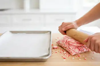 Line a rimmed baking sheet (about 9 by 13 inches) with parchment. Put the candy canes in a sturdy bag and crush with a rolling pin into small pieces a