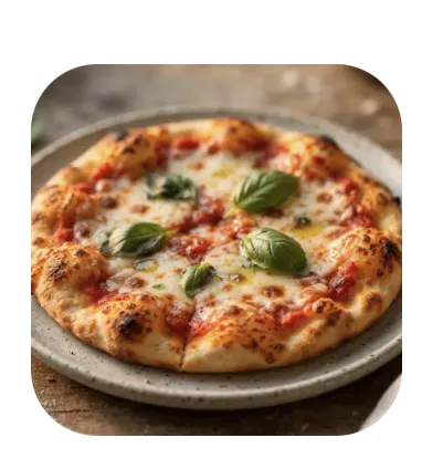 A Margherita pizza with blistered crust, tomato sauce, mozzarella, and basil