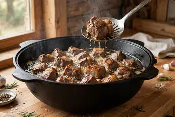 Heat the oil in a kazan or heavy Dutch oven until it shimmers. Brown the lamb well on all sides and lift out.