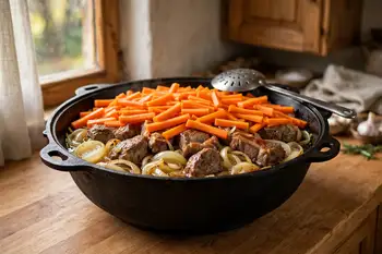 Fry the onions in the same fat until golden. Return the lamb, add the carrots in an even layer, and cook 10 minutes without stirring much, until the c