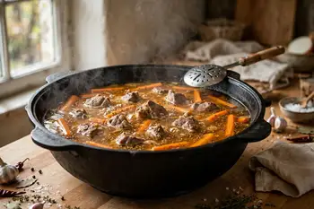 Pour in boiling water to just cover, add half the cumin and the salt, and simmer 20 minutes. This rich base is the zirvak.