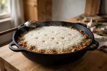 Drain the rice and spread it evenly over the zirvak. Pour in boiling water to come 1/2 inch above the rice. Boil hard until the water drops below the 