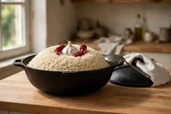 Bury the garlic head and chiles in the center, sprinkle the rest of the cumin, and mound the rice into a dome. Cover with a towel and lid and steam on