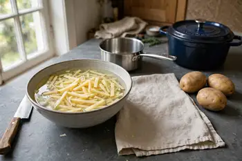 Cut the potatoes into fries, soak in cold water for 30 minutes, then drain and dry very well.