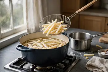 Fry at 300 °F (150 °C) for 6 to 8 minutes, until soft but pale. Drain and rest 30 minutes.