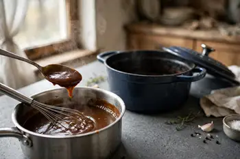 Make the gravy: melt the butter, whisk in the flour, and cook to a deep golden roux. Whisk in both stocks, the Worcestershire and the pepper, and simm