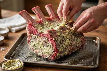 Two hours before roasting, take the roast out of the fridge. Mash the butter with the garlic, rosemary, thyme and black pepper, and rub it over the wh