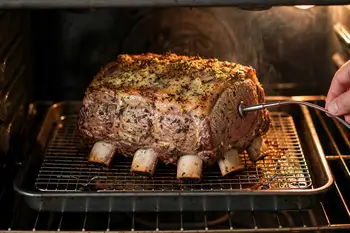 Heat the oven to 250°F (120°C). Roast until a thermometer pushed into the thickest part, away from bone, reads 120°F (49°C), about 3 to 3 1/2 hours fo