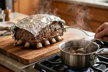 Lift the roast out, tent it loosely with foil, and rest it for 30 to 45 minutes. The temperature will coast up about 5 degrees as it sits. Pour the dr