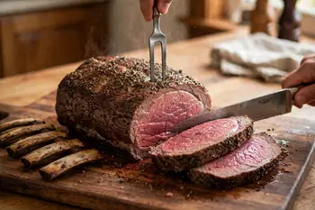 Rest the roast 10 more minutes. Carve the whole loin away from the bones in one piece, running the knife along the ribs, then slice the meat 1/2 to 3/