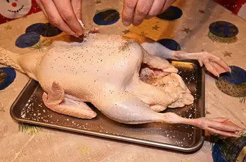 The day before, pull any loose fat from the cavity, rub the goose inside and out with the salt and pepper, and refrigerate it uncovered overnight so t