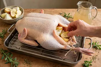 Season the cavity, then fill it with the apples, onions and marjoram. Tie the legs together, set the goose breast side up on a rack in a large roastin