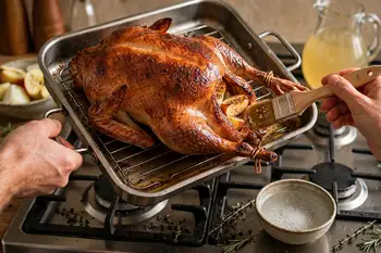 For the last 20 minutes, raise the oven to 400°F (200°C) and brush the skin with a little cold salted water. The skin should turn deep amber and crisp