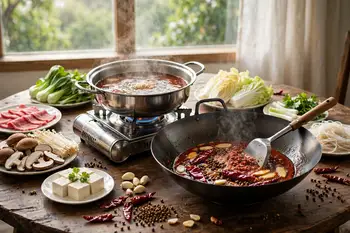 Heat the oil and fry the doubanjiang, chiles, peppercorns, ginger and garlic on low heat for 5 minutes, until the oil is red and deeply fragrant. This