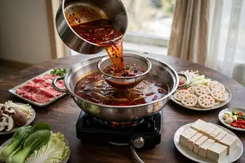 Add the stock and simmer 20 minutes. Strain into a hot pot or wide pot set over a burner at the table. Set a second pot of plain stock alongside if yo