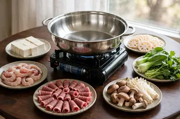 Arrange the raw ingredients on platters: meats rolled and chilled for easy picking, tofu cubed, vegetables washed and bite sized.