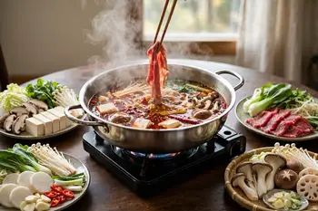 Cook at the table: swish meat slices through the bubbling broth for 20 to 30 seconds, drag vegetables and tofu for 2 to 3 minutes, and fish balls unti