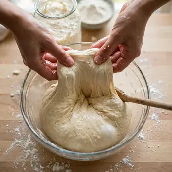 Wet hands stretching and folding the smooth risen dough in the glass bowl