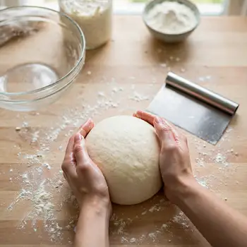 Hands shaping the dough into a tight round ball on a floured wooden counter