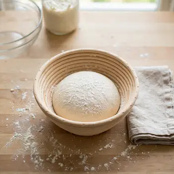 The shaped loaf resting seam up in a floured round banneton basket