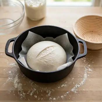 The scored loaf on parchment inside a black Dutch oven, ready to bake