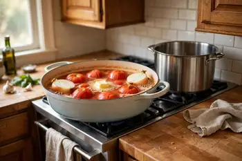 Start the sauce: put the tomatoes, their juices, the onion halves and the butter in a wide pot. Simmer gently for 45 minutes, breaking the tomatoes up