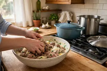 Soak the breadcrumbs in the milk for 5 minutes. Mix with the beef, pork, Parmesan, eggs, half the garlic, the parsley, salt and pepper, with a light h