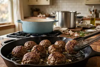 Sear the meatballs in a film of oil until browned on two sides; they finish in the sauce, so do not cook them through.