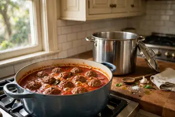 Lift the onion from the sauce and discard. Slide the meatballs in and poach at a bare simmer for 20 minutes, until cooked through and tender.