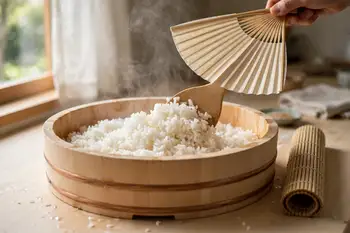 Warm the vinegar, sugar and salt until dissolved. Fold through the hot rice with a slicing motion, fanning as you go, until glossy. Cover with a damp 