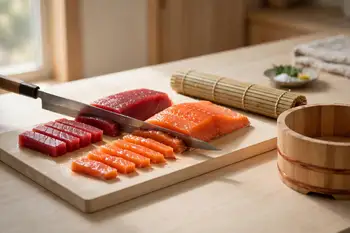 With a very sharp knife and long strokes, slice the salmon and tuna into strips for maki and into neat rectangles for nigiri. Keep everything cold.
