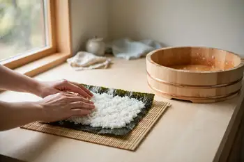 For maki: lay a nori sheet shiny side down on a bamboo mat. With wet hands, spread a thin layer of rice over it, leaving a 2 cm border at the far edge