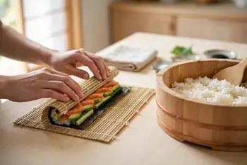 Lay fish, avocado or cucumber along the near edge. Roll firmly with the mat, squeeze gently to seal, and rest seam side down for 2 minutes.
