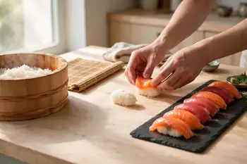 For nigiri: shape 2 tbsp of rice into a small mound, add a dab of wasabi, and drape a fish rectangle over the top, pressing lightly at the sides.
