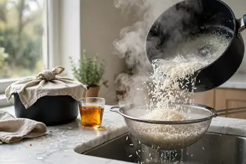 Boil the rice in well-salted water for 6 to 7 minutes, until the grains are soft at the edges with a firm core. Drain and rinse briefly.