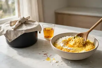 Stir 2 cups of the parboiled rice with the yogurt, egg yolk if using, and half the saffron water.