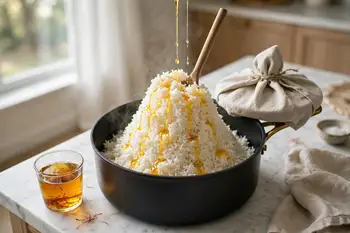 Mound the rest of the rice on top in a pyramid. Poke a few steam holes with a spoon handle and drizzle the butter and remaining saffron water over the