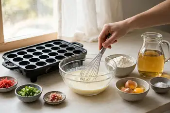 Whisk the flour, baking powder, eggs, dashi and soy sauce into a thin batter, like crepe batter. Rest 10 minutes.