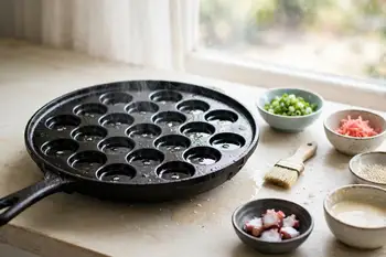 Heat a takoyaki pan until very hot. Oil every well generously, letting a little oil pool in each.