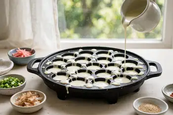 Pour batter into all the wells, filling each to the brim and letting it overflow slightly.