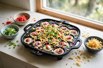 Drop a piece of octopus into each well and scatter green onion, ginger and tenkasu over the whole pan.
