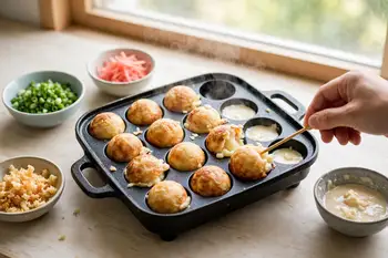 When the edges set, about 3 minutes, use a skewer to cut the overflow into each well and turn each ball a quarter turn. Keep turning every minute or s
