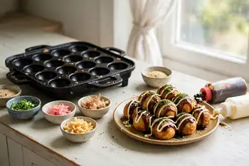Tip onto a warm plate. Stripe with takoyaki sauce and mayonnaise, dust with aonori, and shower with bonito flakes.