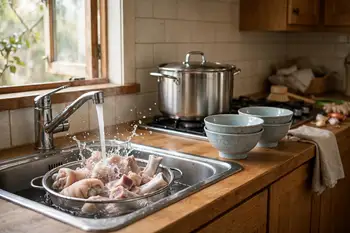 Cover the trotters, bones and carcass with water, boil hard for 10 minutes, then drain and scrub every piece clean under running water. This keeps the