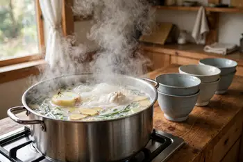 Return the pork and chicken to a clean pot with the onion, garlic, ginger and green onions. Cover with water, bring to a rolling boil, and keep it bub