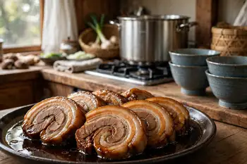 In the last hour, simmer a rolled piece of pork belly in the broth if you like chashu; lift it out and rest it in the soy sauce and mirin while it coo