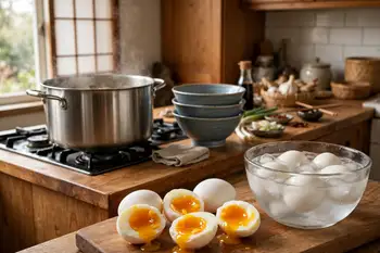 Boil the eggs for 6 1/2 minutes, chill in iced water, peel, and halve just before serving.